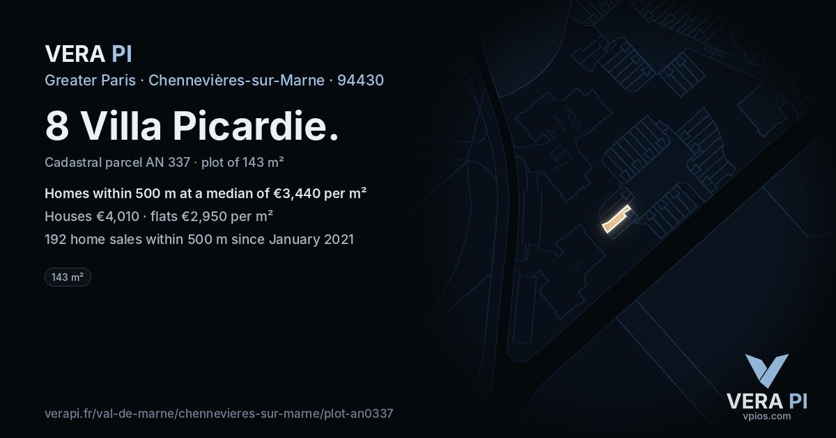 8 Villa Picardie, Chennevières-sur-Marne at night – the plot lit, the parcels around coloured by the prices near them