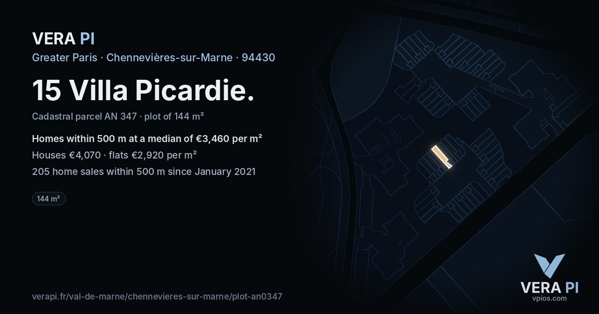 15 Villa Picardie, Chennevières-sur-Marne at night – the plot lit, the parcels around coloured by the prices near them