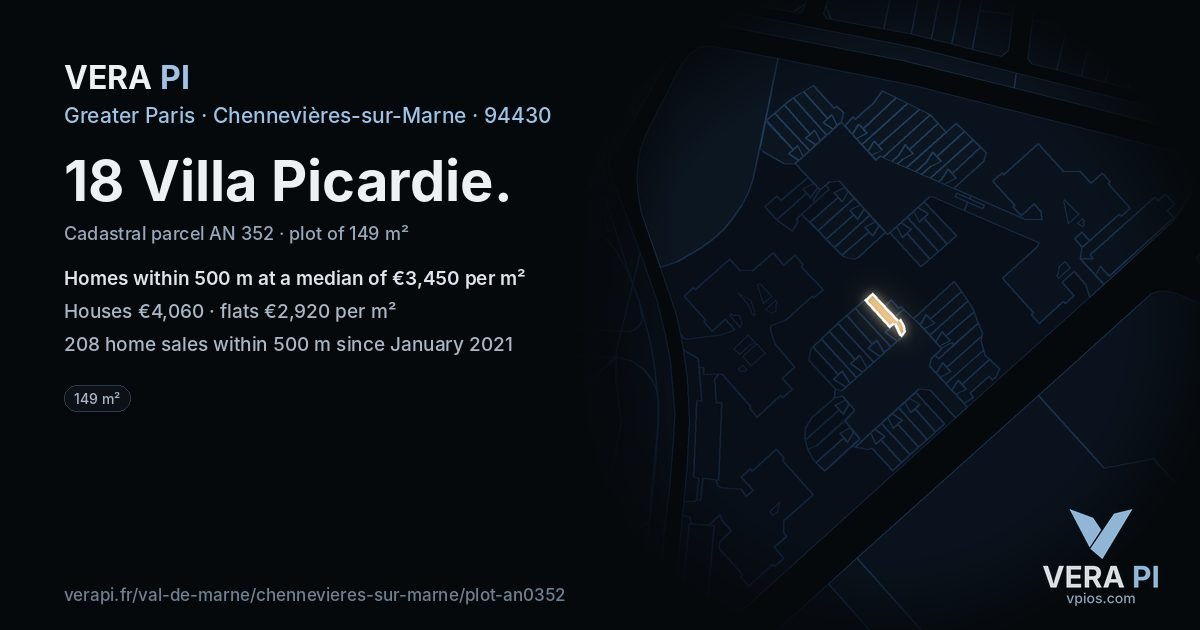 18 Villa Picardie, Chennevières-sur-Marne at night – the plot lit, the parcels around coloured by the prices near them