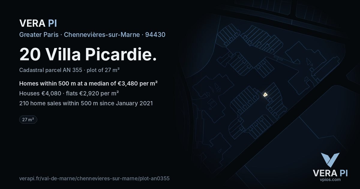 20 Villa Picardie, Chennevières-sur-Marne at night – the plot lit, the parcels around coloured by the prices near them