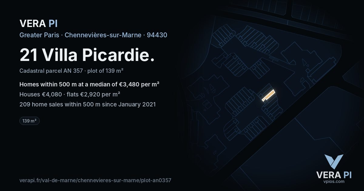 21 Villa Picardie, Chennevières-sur-Marne at night – the plot lit, the parcels around coloured by the prices near them