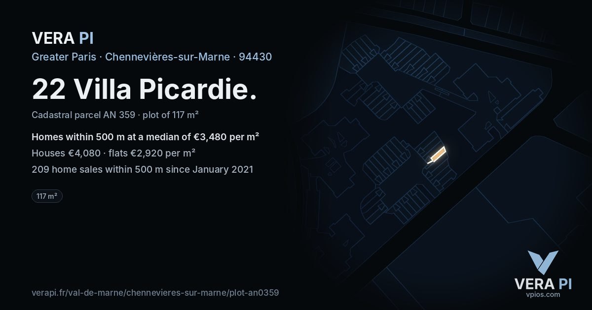 22 Villa Picardie, Chennevières-sur-Marne at night – the plot lit, the parcels around coloured by the prices near them