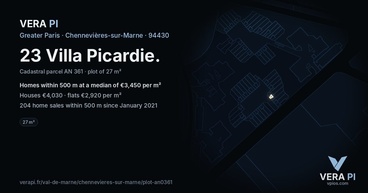 23 Villa Picardie, Chennevières-sur-Marne at night – the plot lit, the parcels around coloured by the prices near them