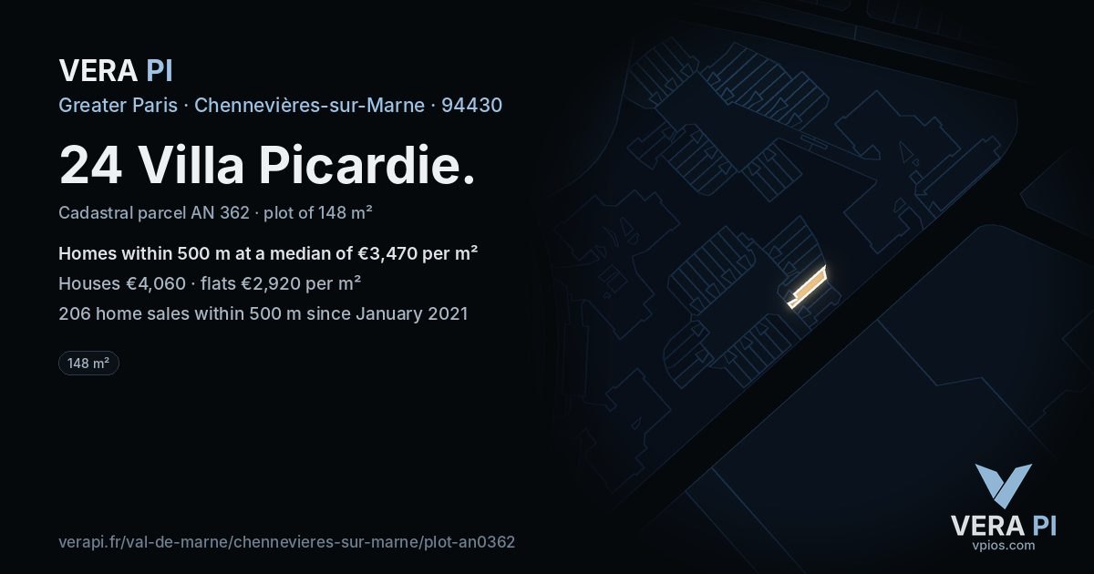 24 Villa Picardie, Chennevières-sur-Marne at night – the plot lit, the parcels around coloured by the prices near them