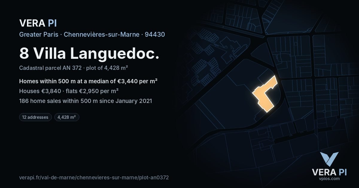 8 Villa Languedoc, Chennevières-sur-Marne at night – the plot lit, the parcels around coloured by the prices near them