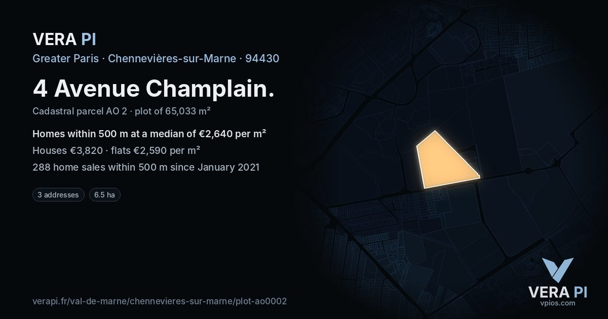 4 Avenue Champlain, Chennevières-sur-Marne at night – the plot lit, the parcels around coloured by the prices near them