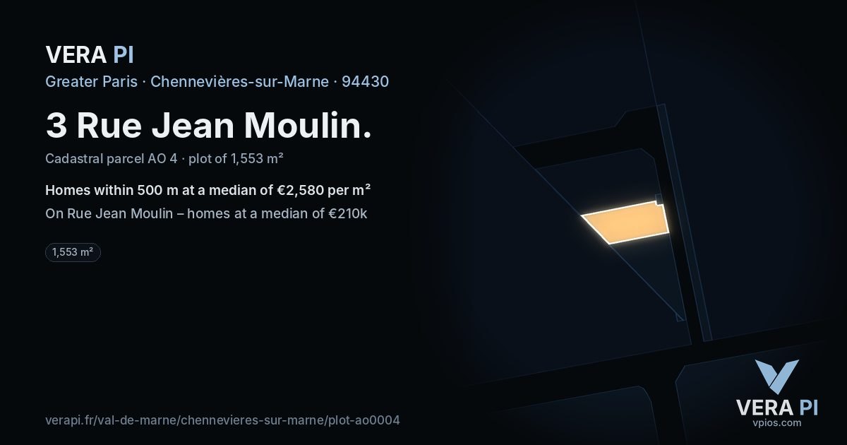 3 Rue Jean Moulin, Chennevières-sur-Marne at night – the plot lit, the parcels around coloured by the prices near them