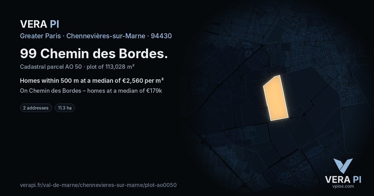 99 Chemin des Bordes, Chennevières-sur-Marne at night – the plot lit, the parcels around coloured by the prices near them