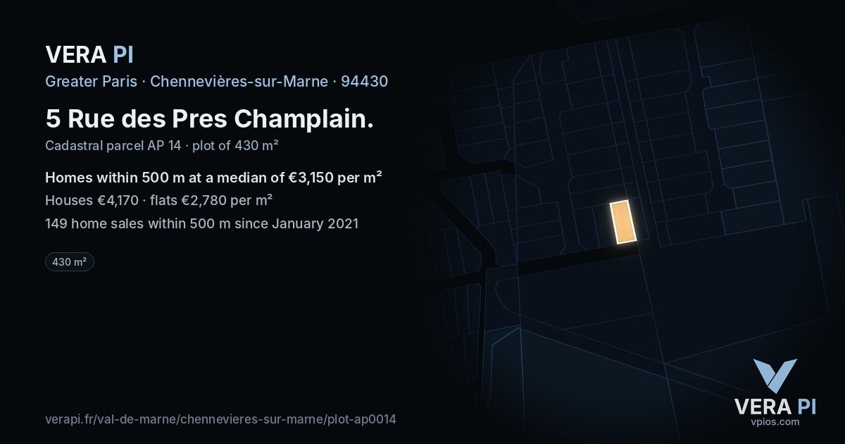 5 Rue des Pres Champlain, Chennevières-sur-Marne at night – the plot lit, the parcels around coloured by the prices near them