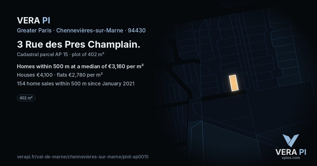 3 Rue des Pres Champlain, Chennevières-sur-Marne at night – the plot lit, the parcels around coloured by the prices near them