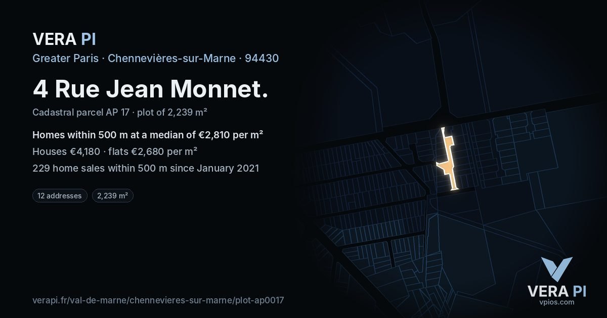 4 Rue Jean Monnet, Chennevières-sur-Marne at night – the plot lit, the parcels around coloured by the prices near them