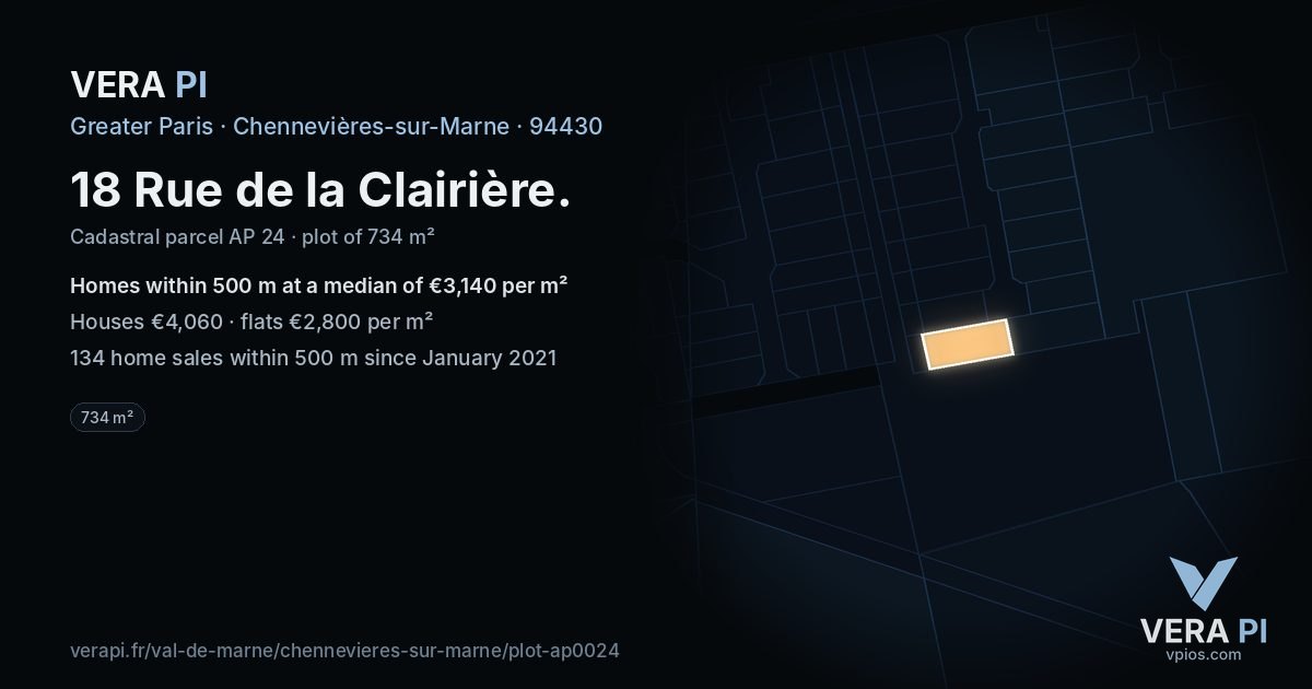 18 Rue de la Clairière, Chennevières-sur-Marne at night – the plot lit, the parcels around coloured by the prices near them