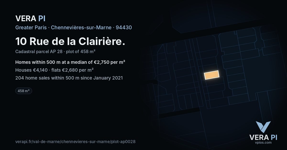 10 Rue de la Clairière, Chennevières-sur-Marne at night – the plot lit, the parcels around coloured by the prices near them