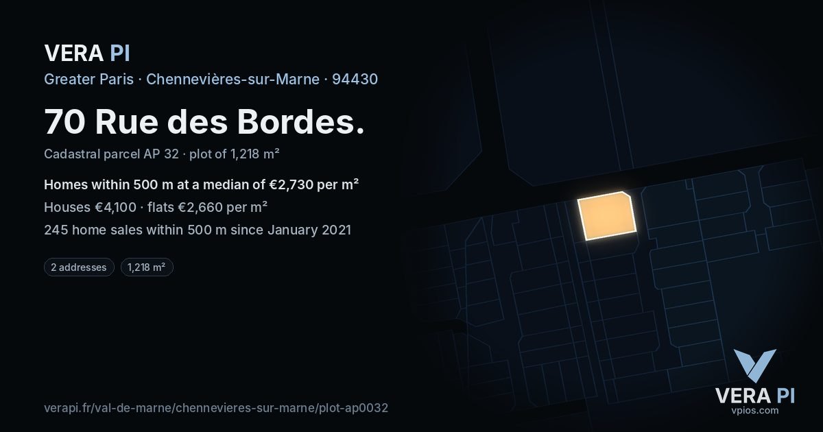 70 Rue des Bordes, Chennevières-sur-Marne at night – the plot lit, the parcels around coloured by the prices near them