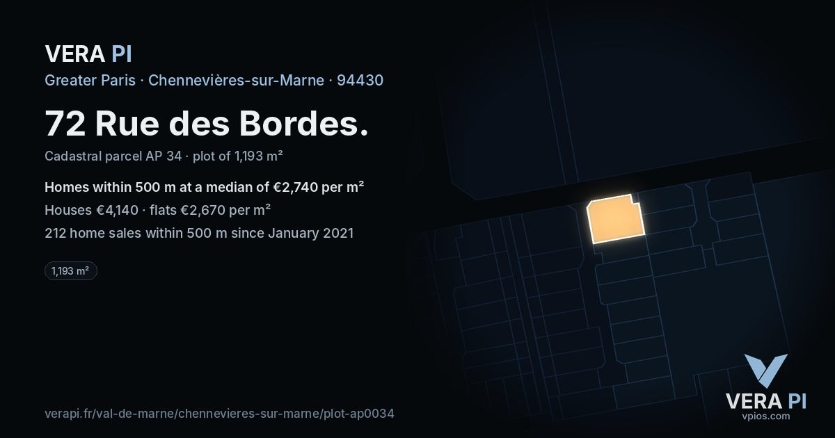 72 Rue des Bordes, Chennevières-sur-Marne at night – the plot lit, the parcels around coloured by the prices near them