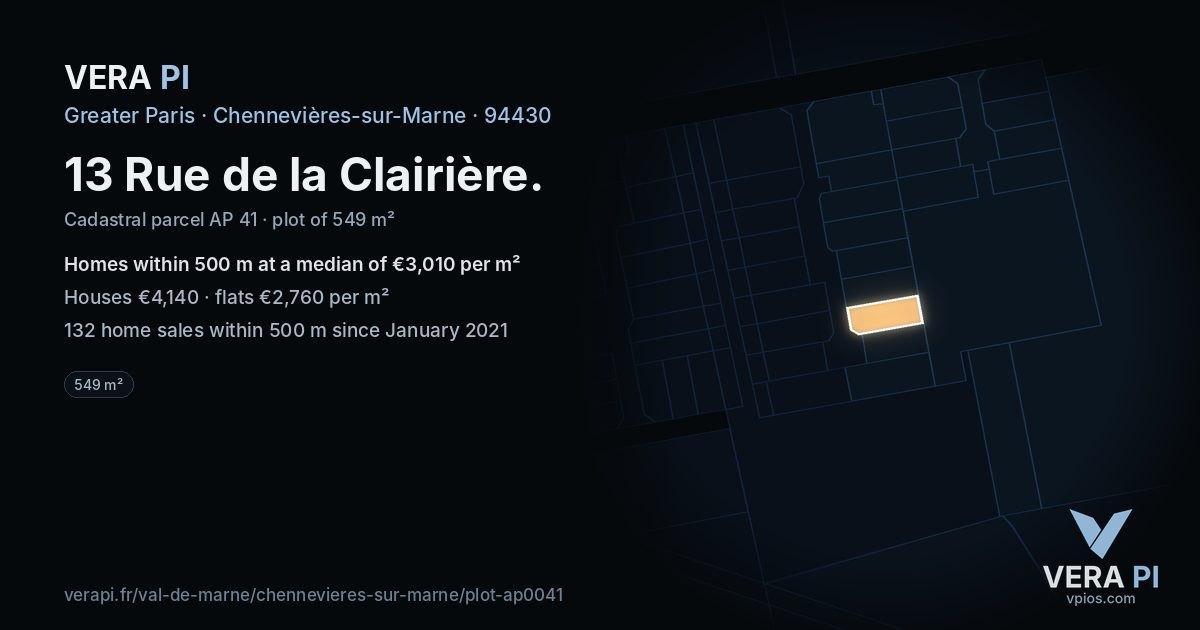 13 Rue de la Clairière, Chennevières-sur-Marne at night – the plot lit, the parcels around coloured by the prices near them