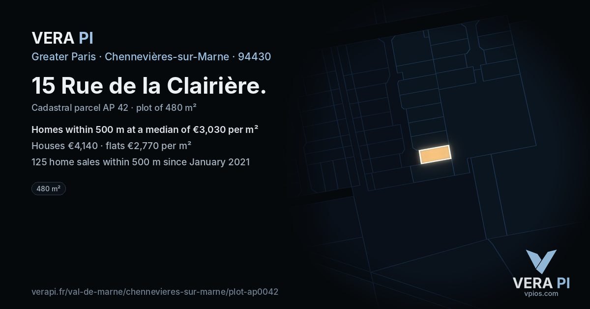 15 Rue de la Clairière, Chennevières-sur-Marne at night – the plot lit, the parcels around coloured by the prices near them