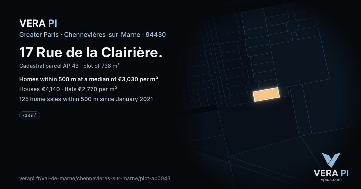 17 Rue de la Clairière, Chennevières-sur-Marne at night – the plot lit, the parcels around coloured by the prices near them