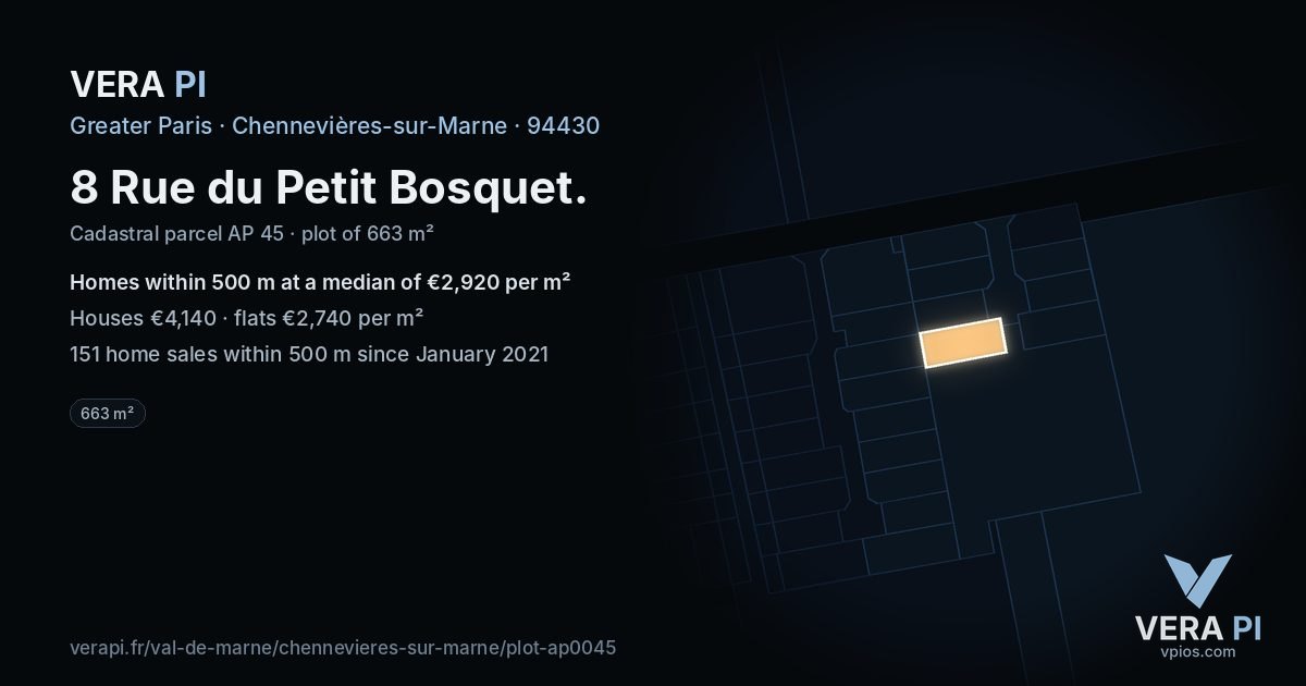 8 Rue du Petit Bosquet, Chennevières-sur-Marne at night – the plot lit, the parcels around coloured by the prices near them