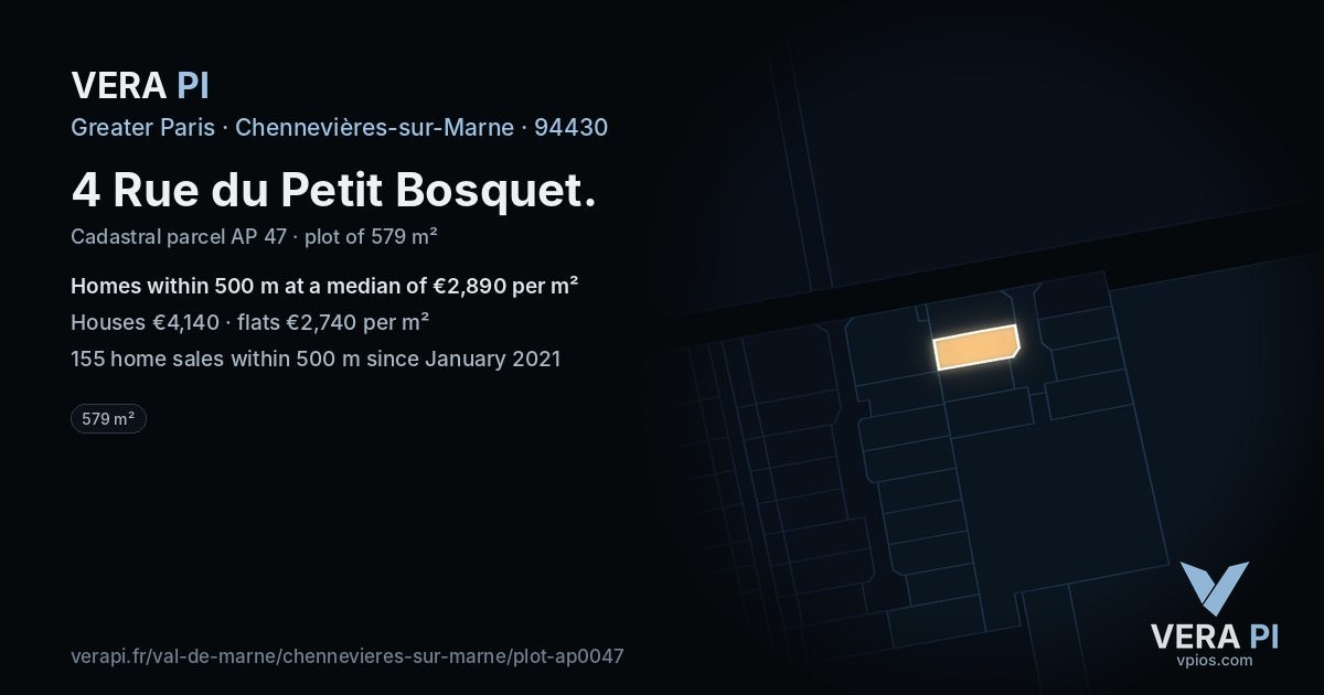 4 Rue du Petit Bosquet, Chennevières-sur-Marne at night – the plot lit, the parcels around coloured by the prices near them
