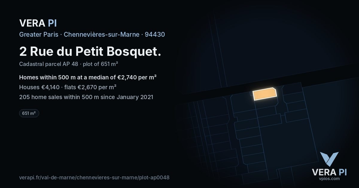 2 Rue du Petit Bosquet, Chennevières-sur-Marne at night – the plot lit, the parcels around coloured by the prices near them