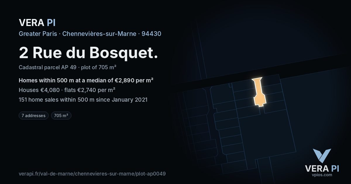 2 Rue du Bosquet, Chennevières-sur-Marne at night – the plot lit, the parcels around coloured by the prices near them