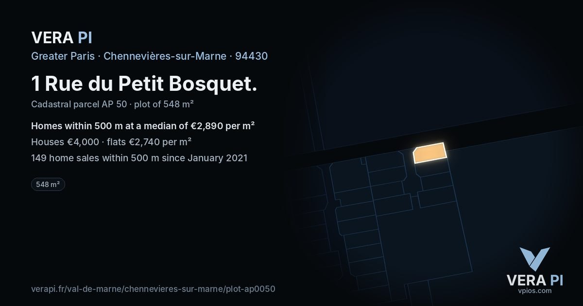 1 Rue du Petit Bosquet, Chennevières-sur-Marne at night – the plot lit, the parcels around coloured by the prices near them