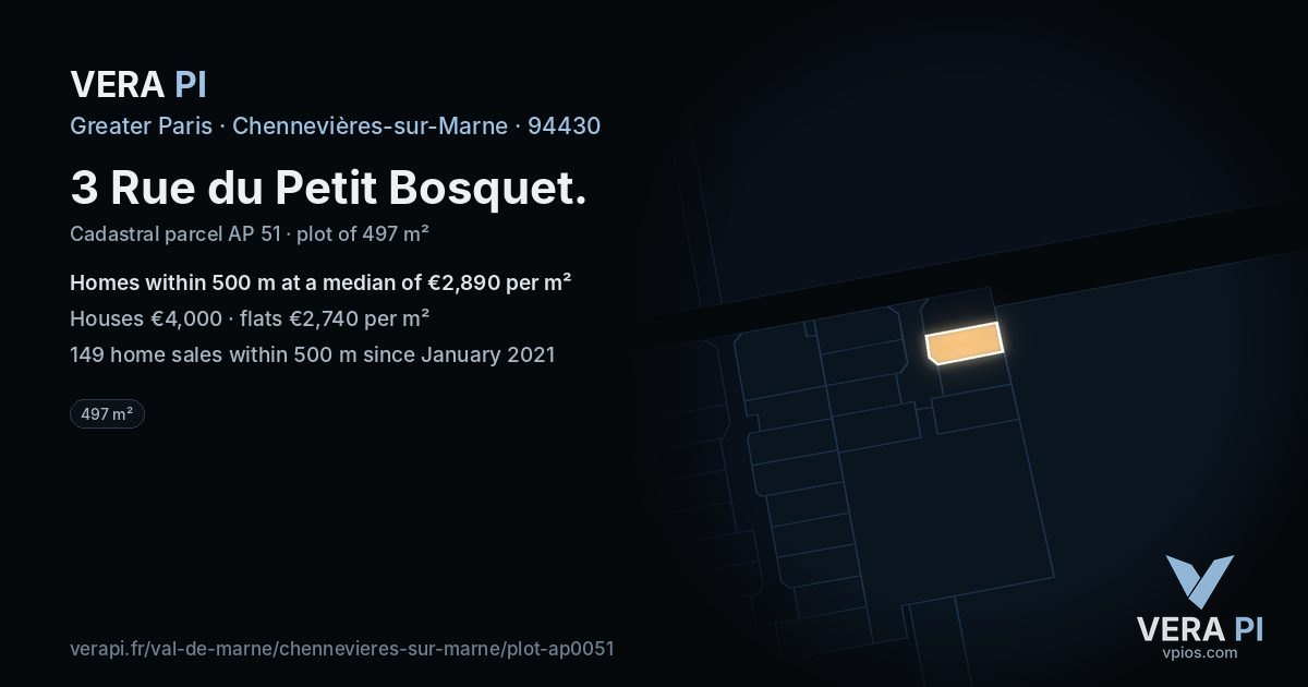 3 Rue du Petit Bosquet, Chennevières-sur-Marne at night – the plot lit, the parcels around coloured by the prices near them