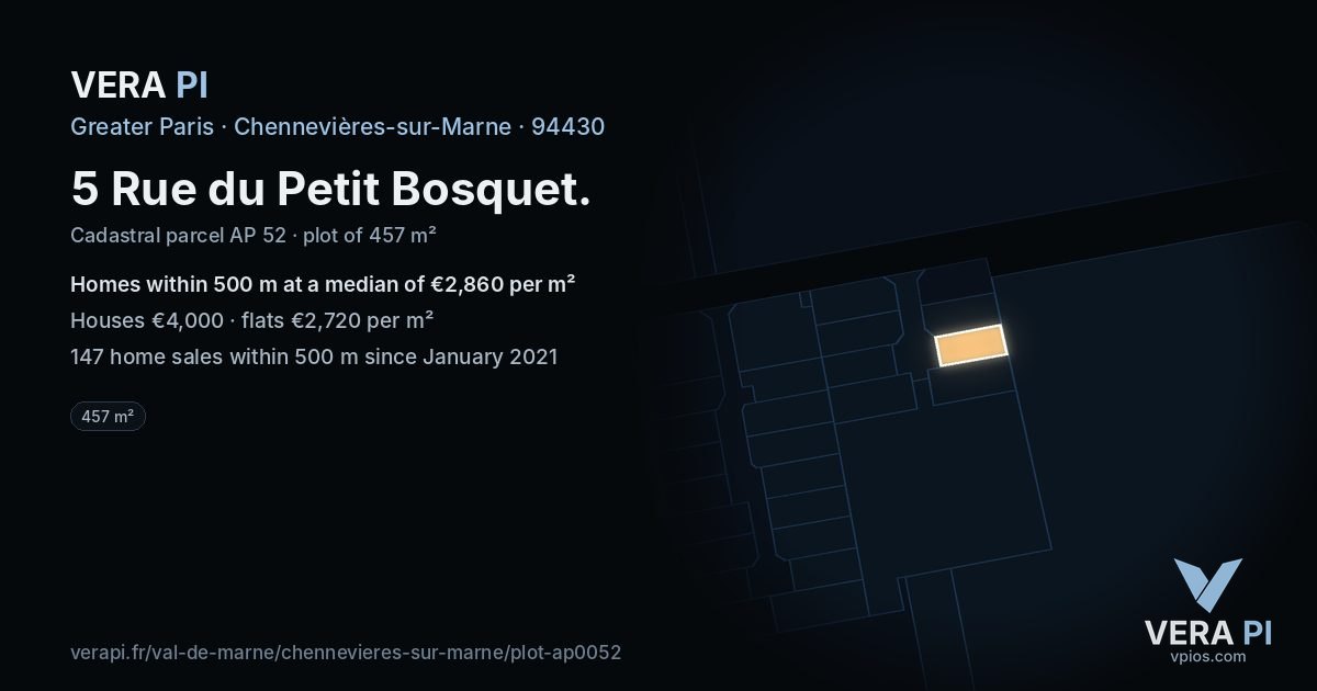 5 Rue du Petit Bosquet, Chennevières-sur-Marne at night – the plot lit, the parcels around coloured by the prices near them