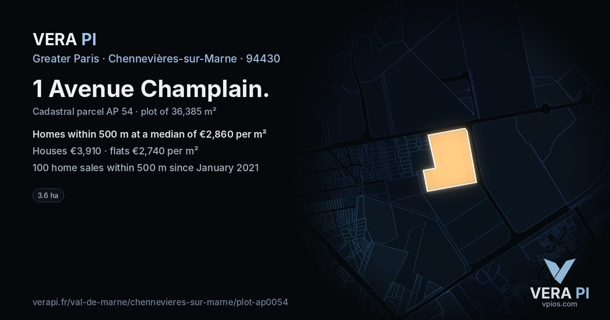 1 Avenue Champlain, Chennevières-sur-Marne at night – the plot lit, the parcels around coloured by the prices near them