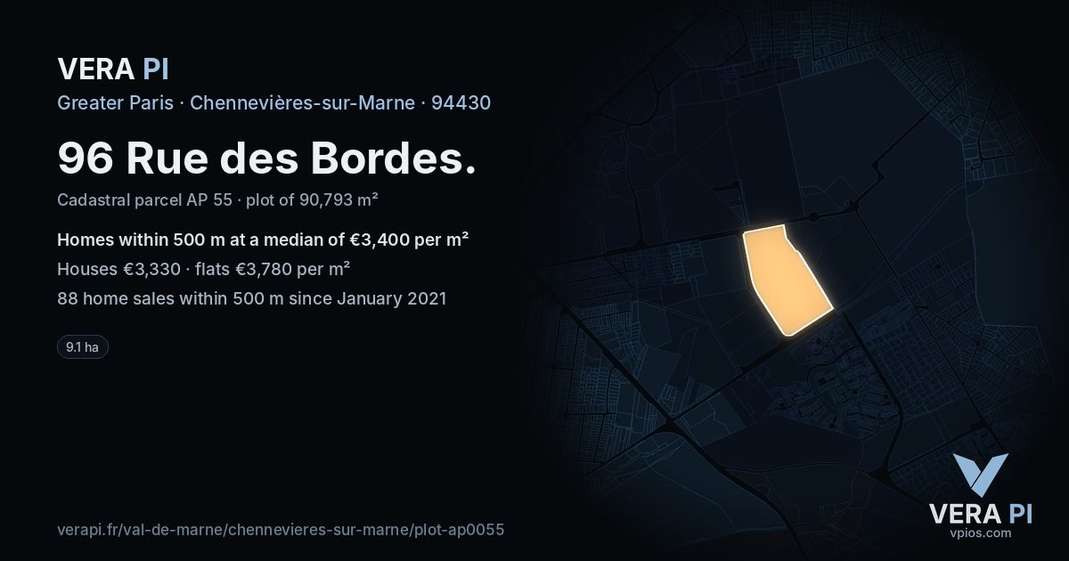 96 Rue des Bordes, Chennevières-sur-Marne at night – the plot lit, the parcels around coloured by the prices near them