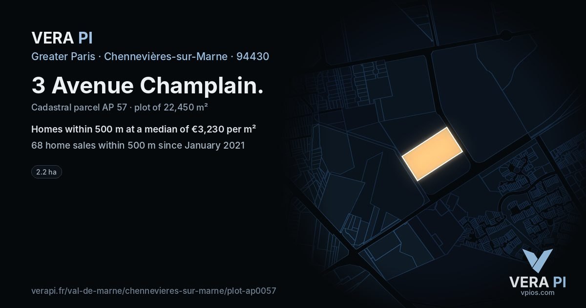 3 Avenue Champlain, Chennevières-sur-Marne at night – the plot lit, the parcels around coloured by the prices near them