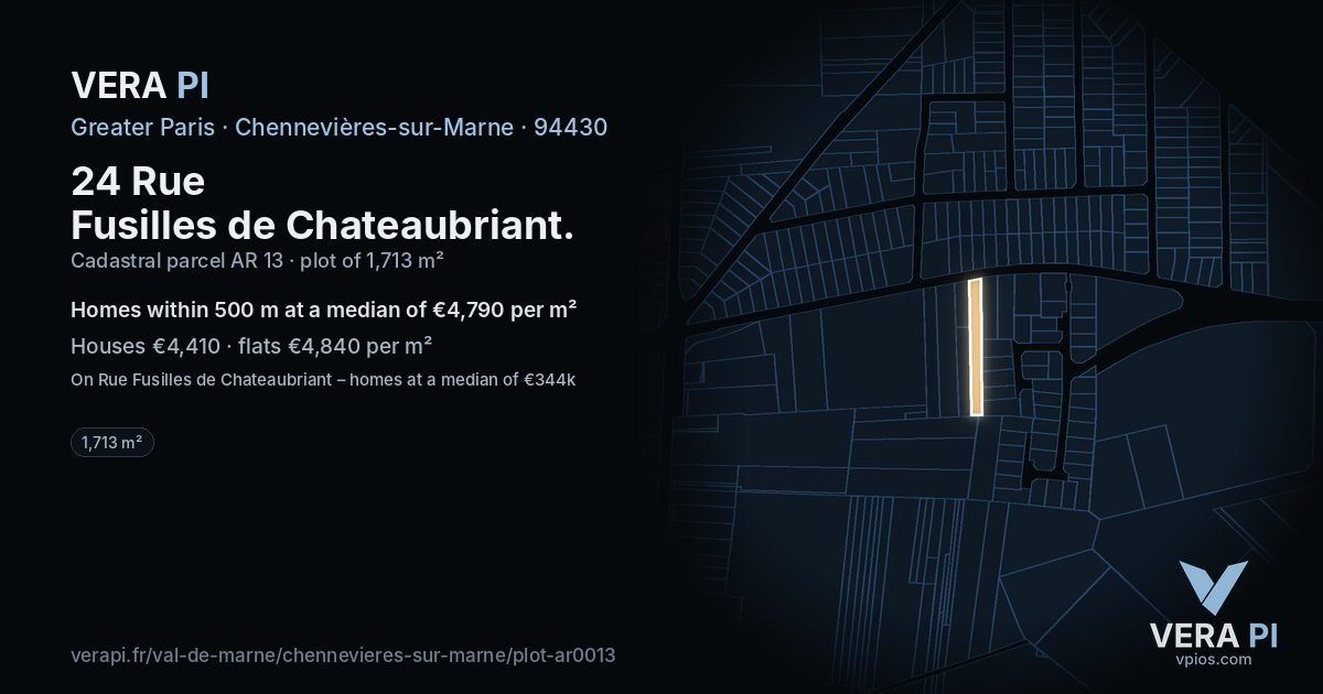 24 Rue Fusilles de Chateaubriant, Chennevières-sur-Marne at night – the plot lit, the parcels around coloured by the prices near them