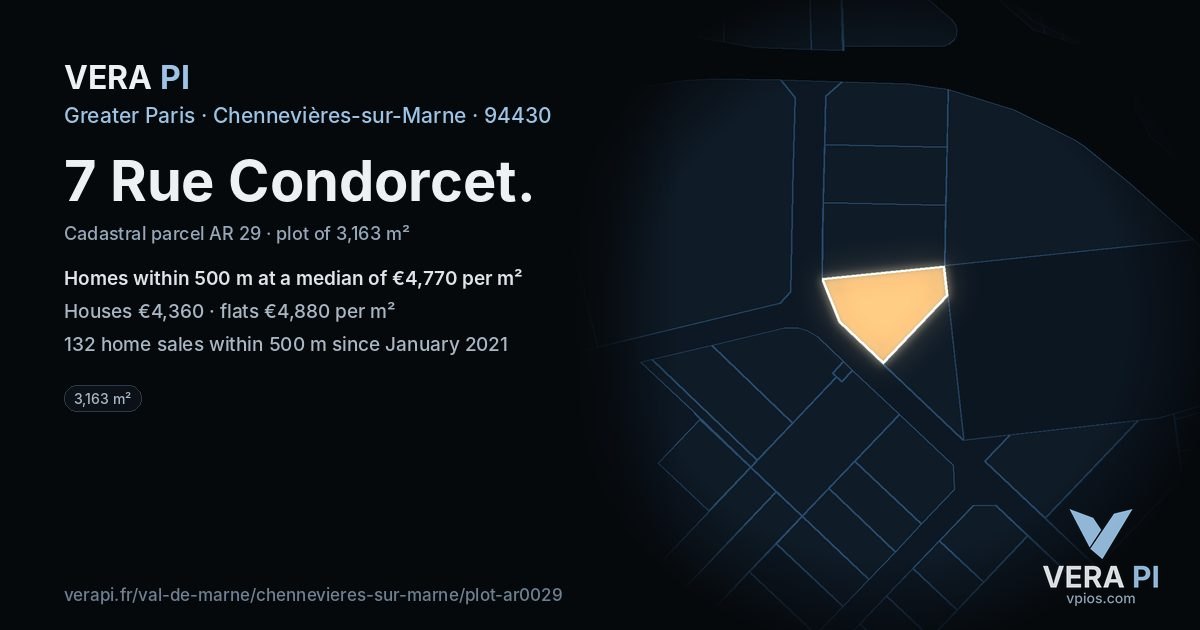 7 Rue Condorcet, Chennevières-sur-Marne at night – the plot lit, the parcels around coloured by the prices near them