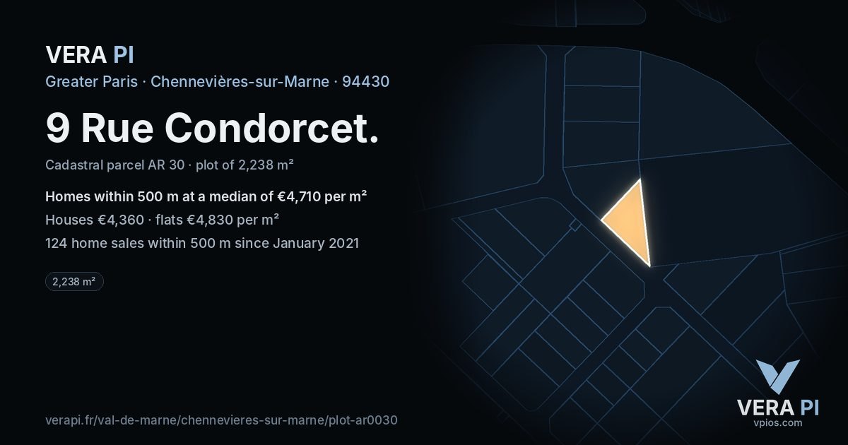 9 Rue Condorcet, Chennevières-sur-Marne at night – the plot lit, the parcels around coloured by the prices near them