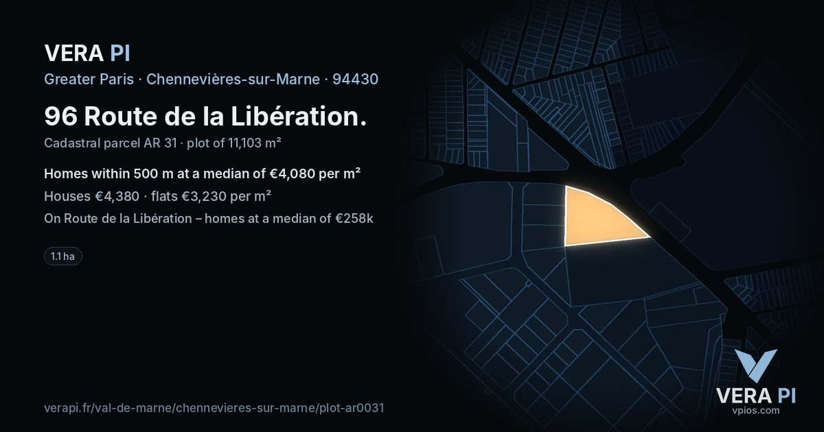 96 Route de la Libération, Chennevières-sur-Marne at night – the plot lit, the parcels around coloured by the prices near them