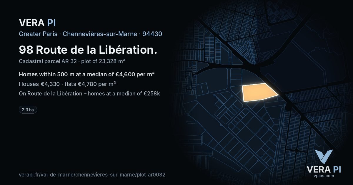 98 Route de la Libération, Chennevières-sur-Marne at night – the plot lit, the parcels around coloured by the prices near them