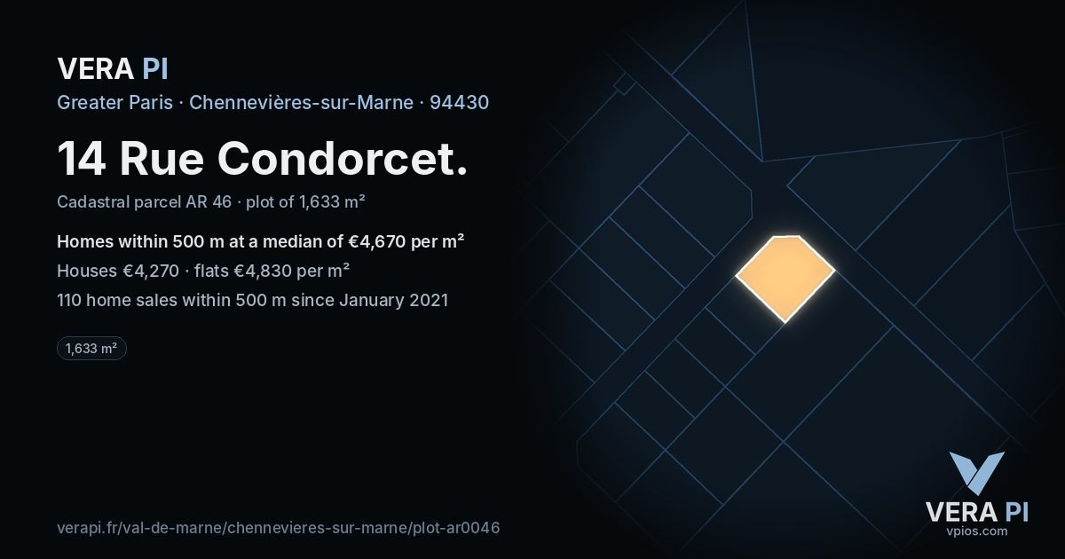 14 Rue Condorcet, Chennevières-sur-Marne at night – the plot lit, the parcels around coloured by the prices near them