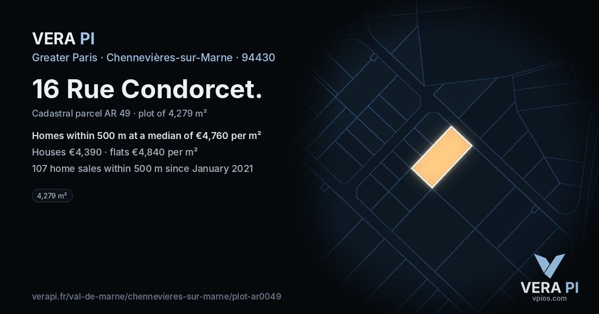 16 Rue Condorcet, Chennevières-sur-Marne at night – the plot lit, the parcels around coloured by the prices near them