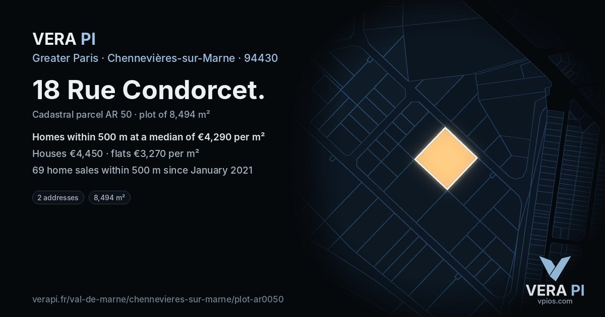 18 Rue Condorcet, Chennevières-sur-Marne at night – the plot lit, the parcels around coloured by the prices near them