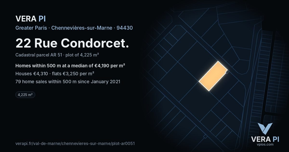 22 Rue Condorcet, Chennevières-sur-Marne at night – the plot lit, the parcels around coloured by the prices near them