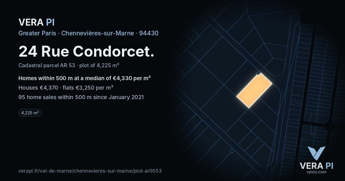24 Rue Condorcet, Chennevières-sur-Marne at night – the plot lit, the parcels around coloured by the prices near them