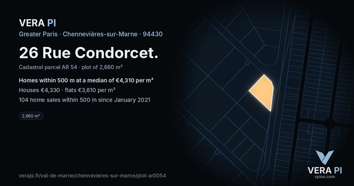 26 Rue Condorcet, Chennevières-sur-Marne at night – the plot lit, the parcels around coloured by the prices near them
