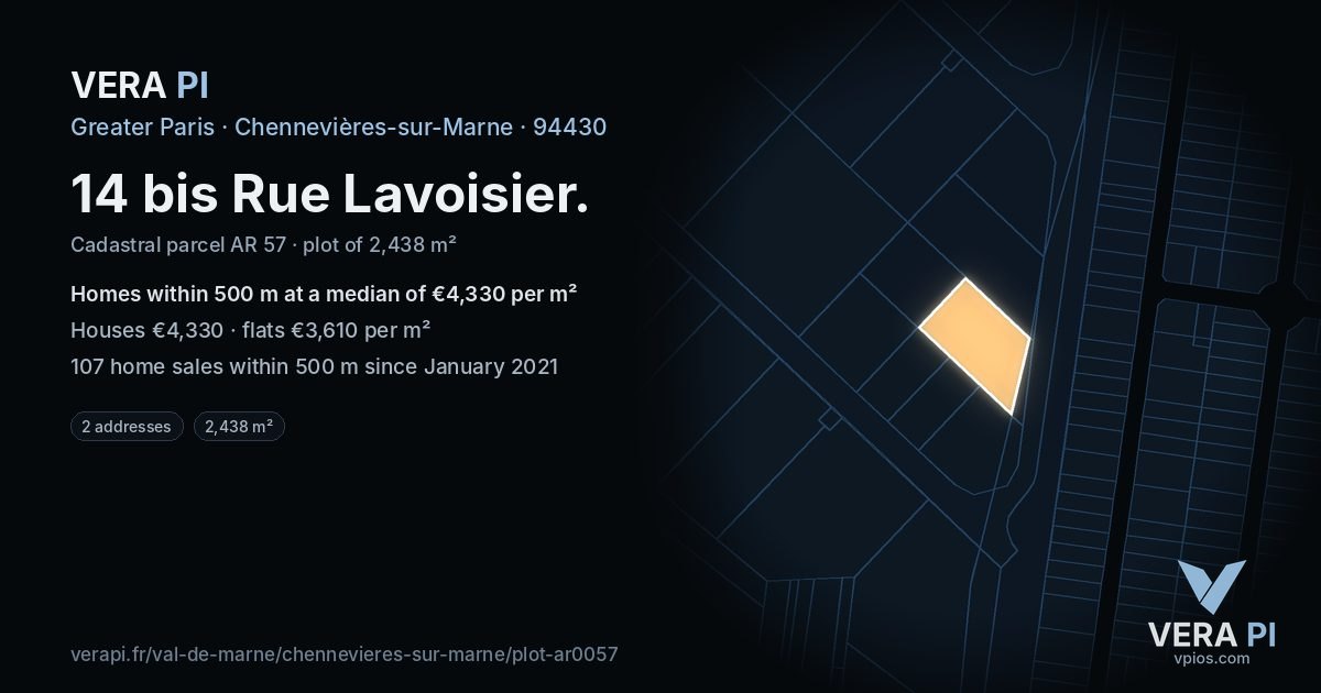 14 bis Rue Lavoisier, Chennevières-sur-Marne at night – the plot lit, the parcels around coloured by the prices near them