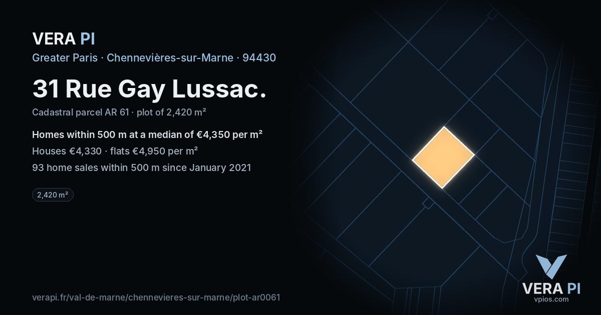 31 Rue Gay Lussac, Chennevières-sur-Marne at night – the plot lit, the parcels around coloured by the prices near them