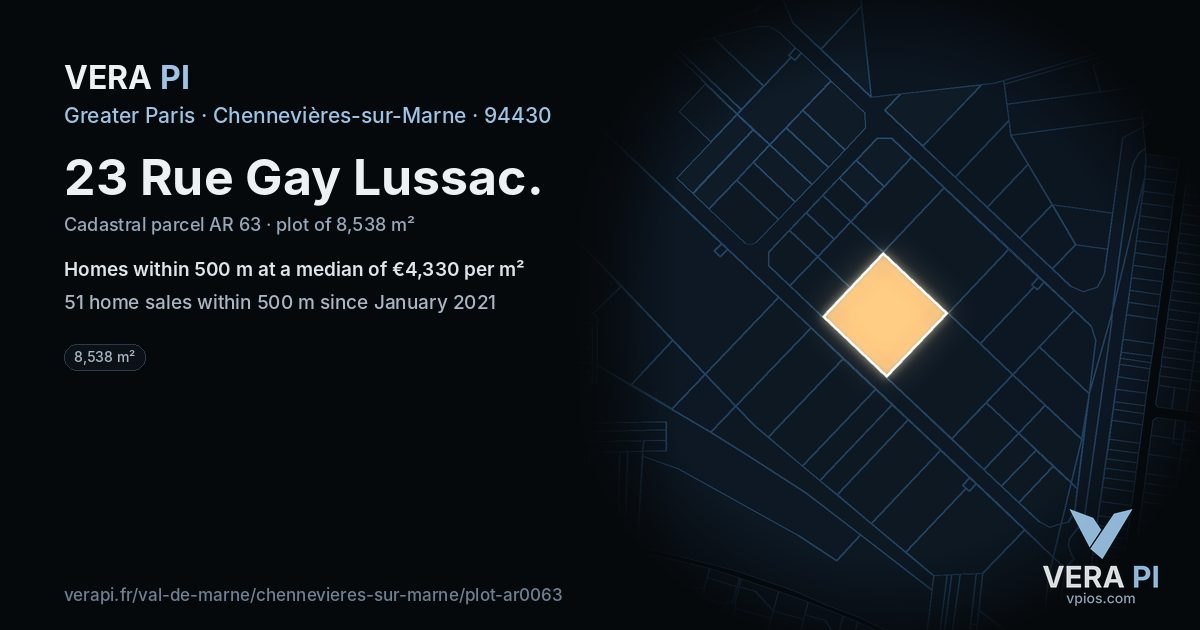 23 Rue Gay Lussac, Chennevières-sur-Marne at night – the plot lit, the parcels around coloured by the prices near them