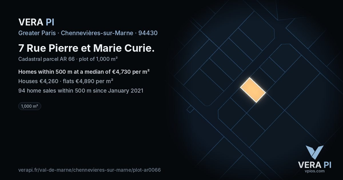 7 Rue Pierre et Marie Curie, Chennevières-sur-Marne at night – the plot lit, the parcels around coloured by the prices near them