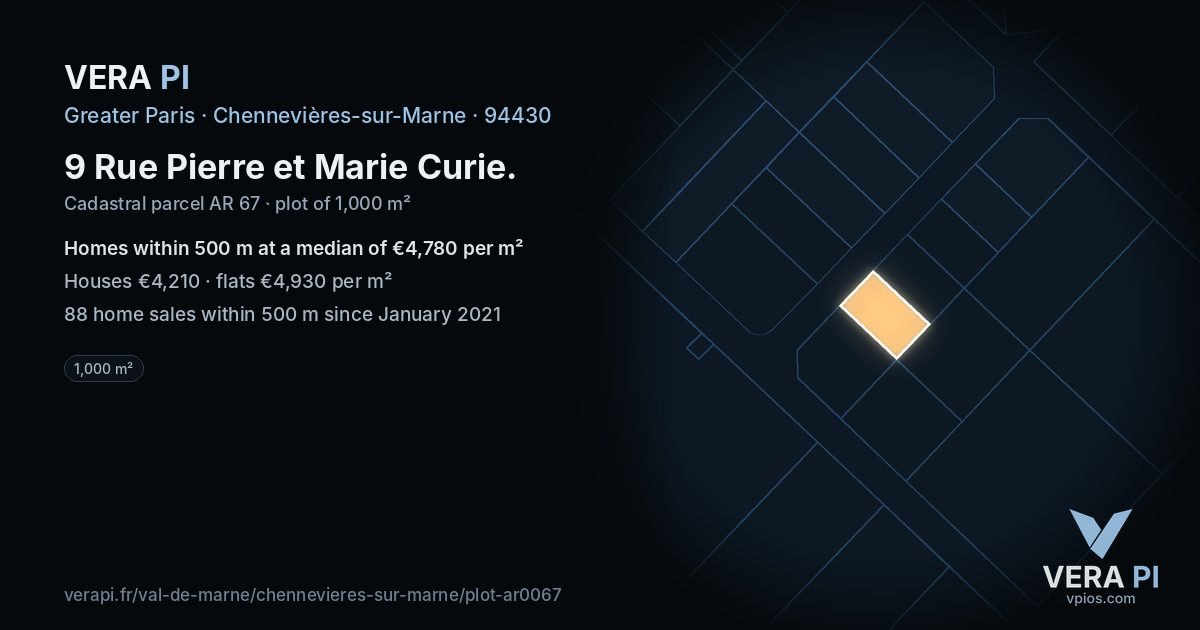 9 Rue Pierre et Marie Curie, Chennevières-sur-Marne at night – the plot lit, the parcels around coloured by the prices near them
