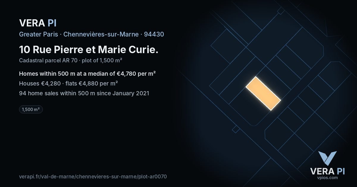 10 Rue Pierre et Marie Curie, Chennevières-sur-Marne at night – the plot lit, the parcels around coloured by the prices near them