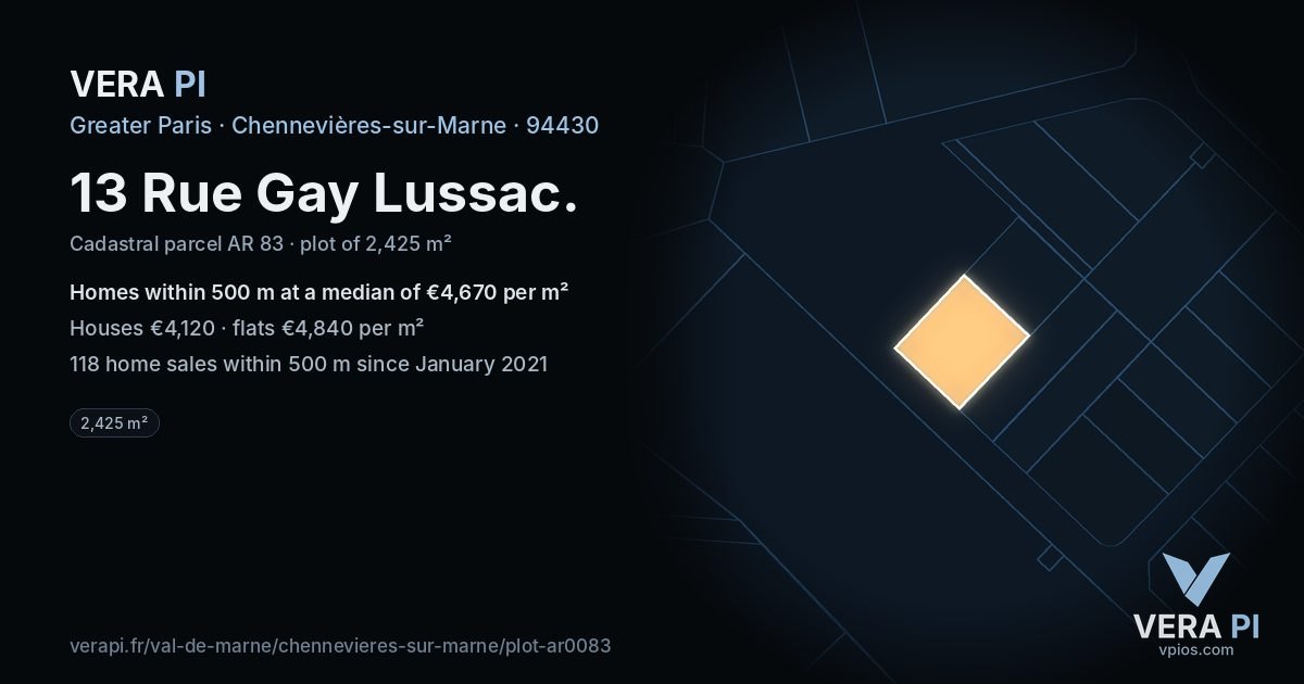 13 Rue Gay Lussac, Chennevières-sur-Marne at night – the plot lit, the parcels around coloured by the prices near them